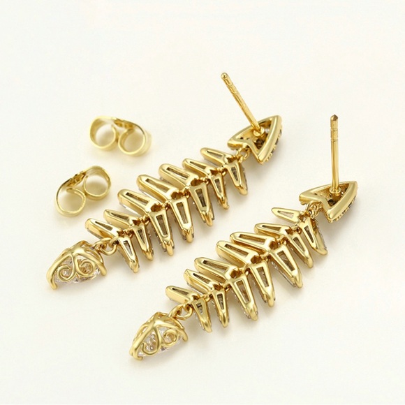 Fishbone Earrings 14k Gold Plated CZ Stone Luxury Jewelry - Picture 7 of 11